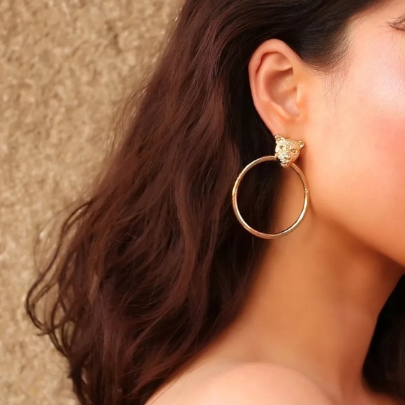 Gold Leopard Circle Drop Earrings - Picture 4 of 5